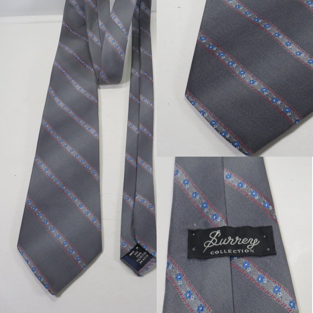VTG Gray w small floral Men's striped Necktie Polyester by Surrey Classic Tie
